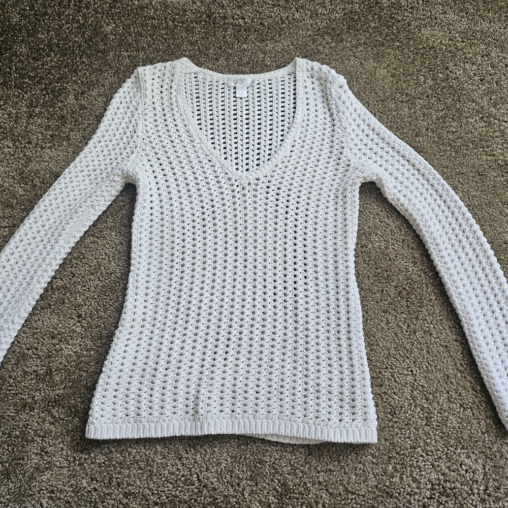 LOFT White V-Neck Crochet Sweater